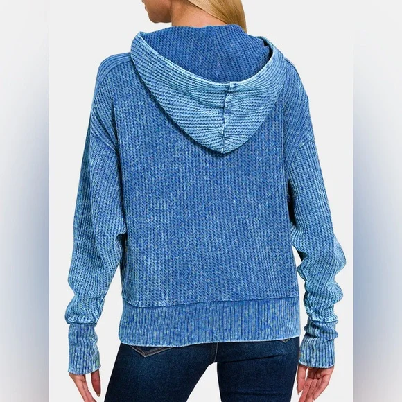 NWT Zenana Ocean Blue Acid Wash Zip Up Waffle Knit Hooded Jacket - Picture 3 of 4